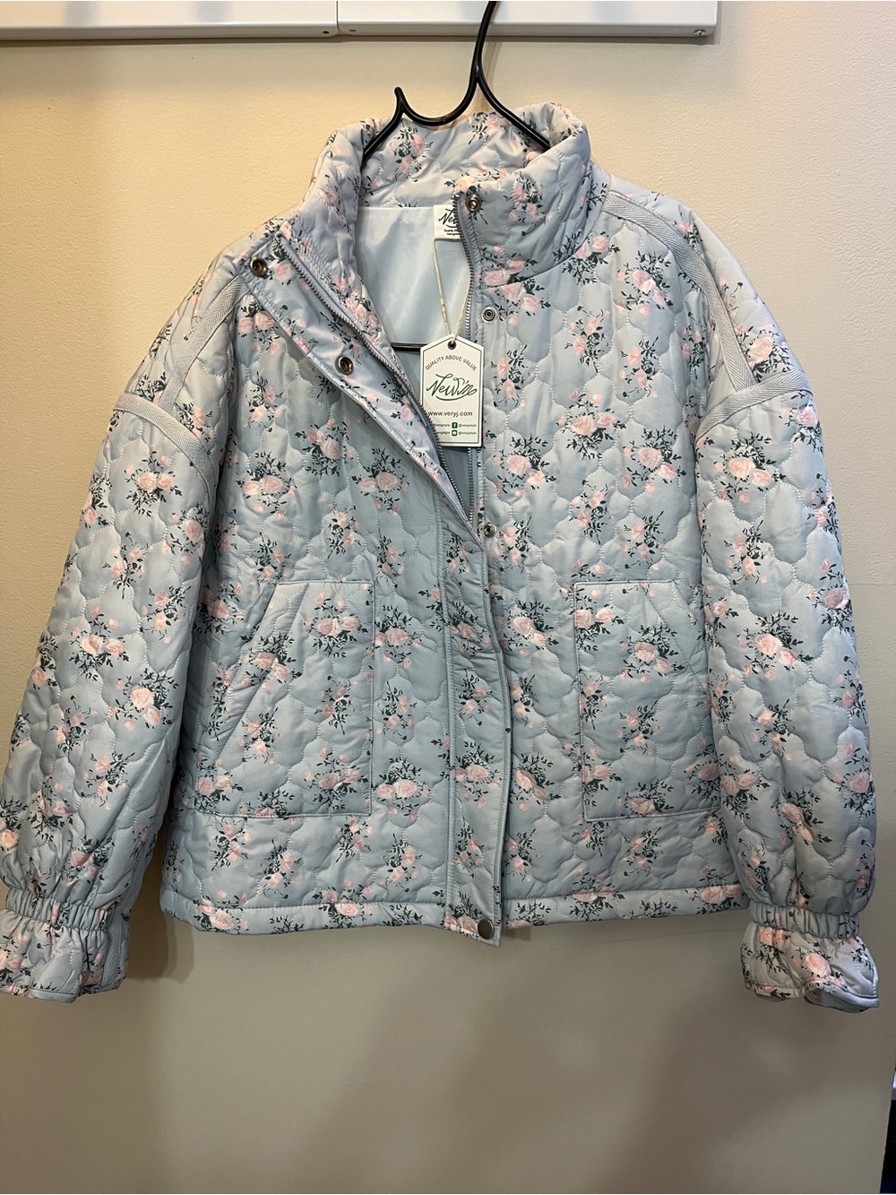 Very J Light Blue Quilted Floral Puffer Jacket